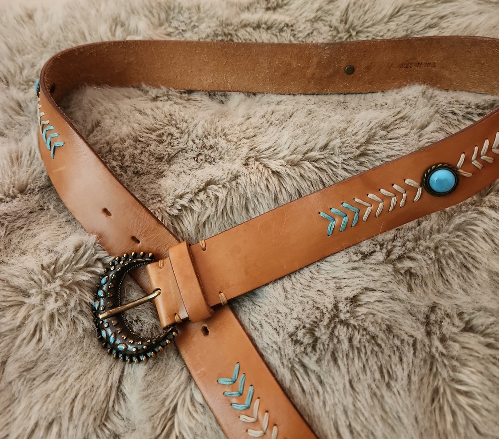 Johnny Was Tan Leather Belt with Turquoise Details